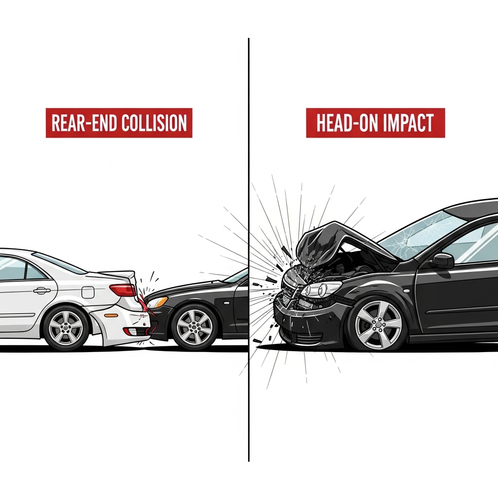 A side-by-side visual contrasting an everyday rear-end collision with a high-speed head-on, showing how crash type se…