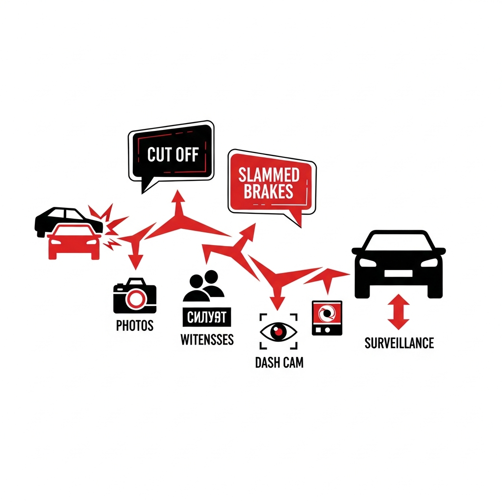 A flow showing the rear-end fault dispute: crash occurs, at-fault driver claims \"cut off\" or \"slammed brakes,\" th…