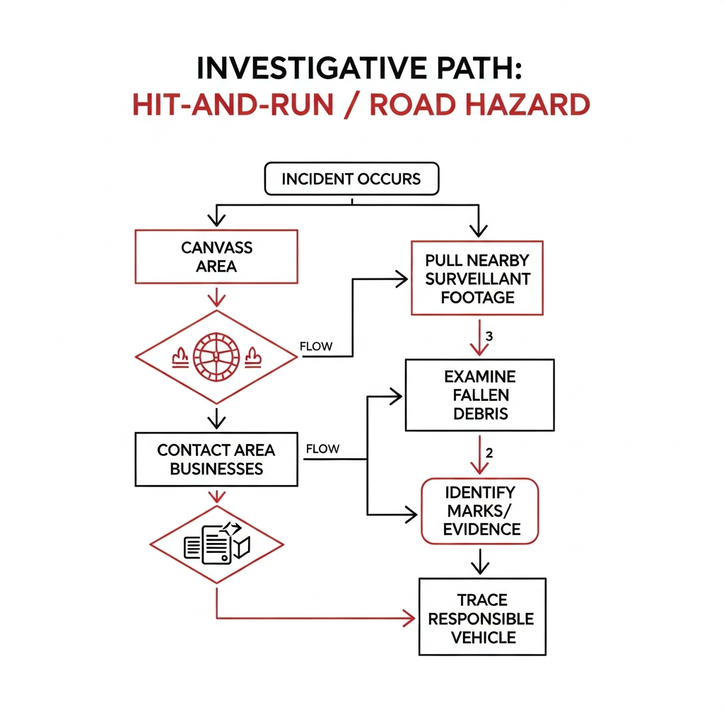 A flowchart showing the investigative path in a hit-and-run or road-hazard case: canvass the area, pull nearby survei…