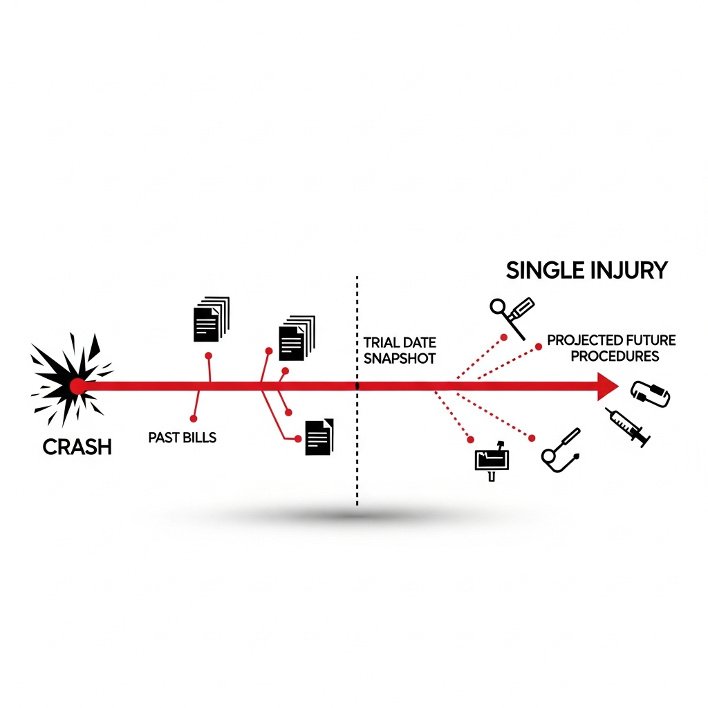 A timeline showing a single injury moving from the crash forward through past bills, the trial date snapshot, and pro…