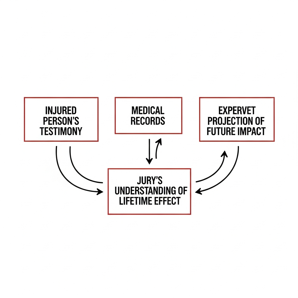 A flow showing how an injury becomes a verdict: injured person's testimony plus medical records plus expert projectio…