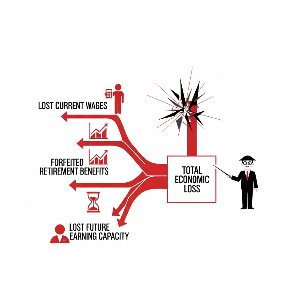 A diagram layering a single collision into its downstream economic consequences - lost current wages, forfeited retir…
