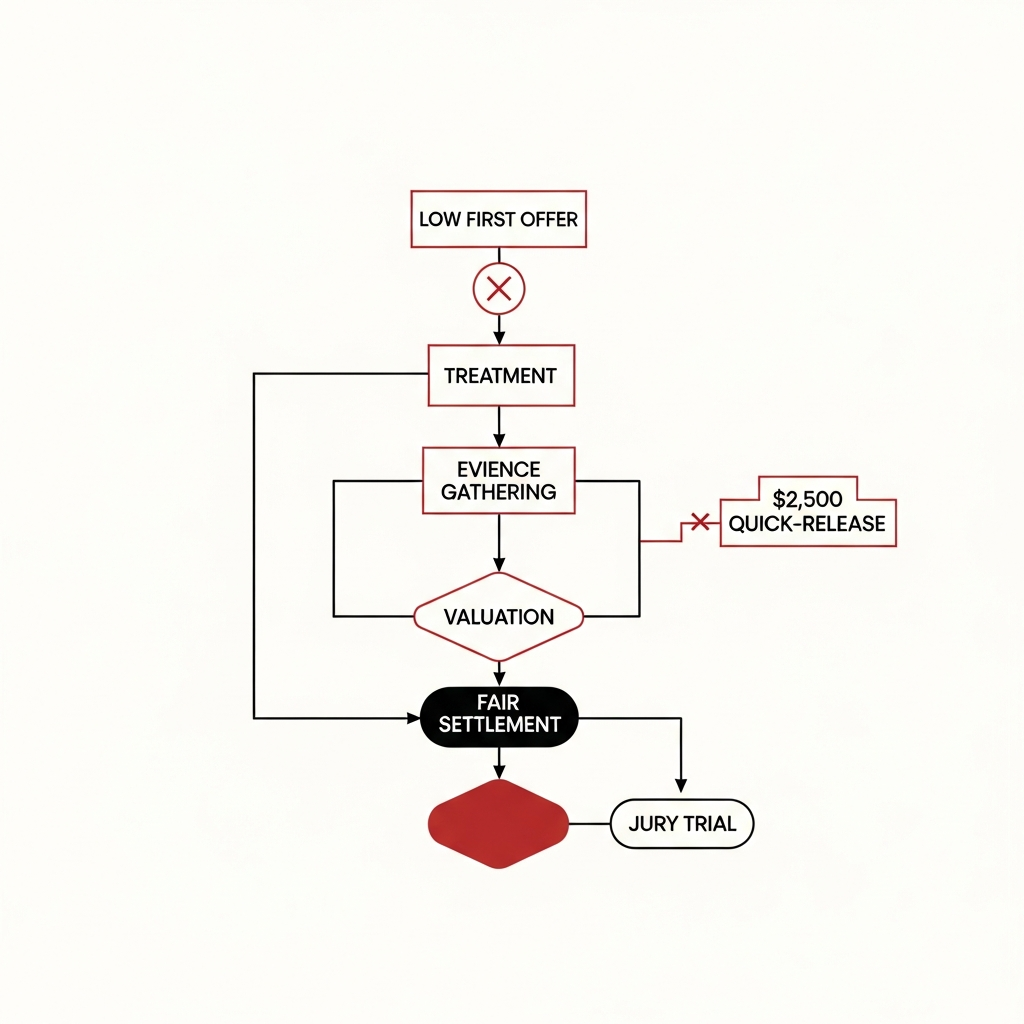 A flowchart showing the path from a low first offer through treatment, evidence gathering, and valuation to either a …
