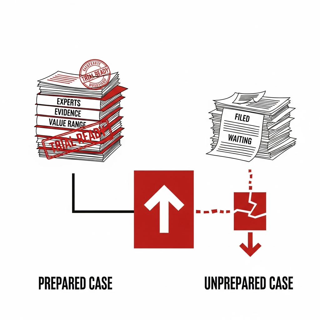 A side-by-side comparison of a prepared case (experts, evidence, defined value range, trial-ready) versus an unprepar…